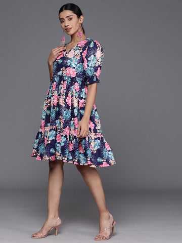 KSUT navy blue floral print puff sleeves tiered a line dress