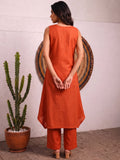 Women's Rust Sleeveless Kurta With Thread Embroidered Detailing