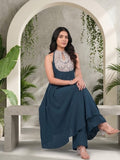 Varanga Women Blue Yoke Embroidered Sleeveless Flared Kurta With Trousers.