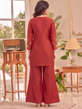 Rust Embroidered Kurta Set, Paired With Tonal Trousers And Dupatta.
