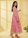 Women's Pink Cotton Floral Print Anarkali Set with Dupatta