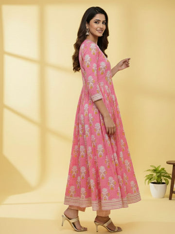 Women's Pink Cotton Floral Print Anarkali Set with Dupatta