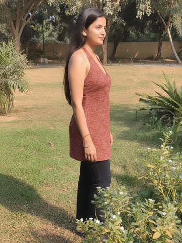 Rust Ajrakh Halter Neck With Crisscross Back Kurti