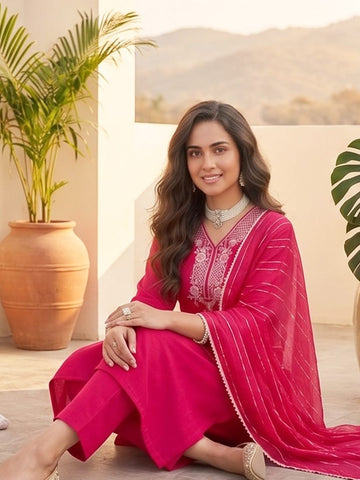 Varanga Women Kurta With Trousers And Paired With Dupatta Featuring Lurex And Lace Detailing