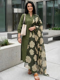 Women Olive Green Solid Kurta with Printed Organza Dupatta
