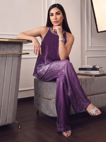 Ombere Purple Halter-Neck Co-Ord Set Featuring An Embellished Neckline And Flowy Wide-Leg Pants.