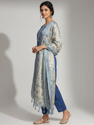 Varanga Women Embroidered Yoke Straight Kurta Paired With Tonal Bottom And Printed Bhagalpuri Dupatta