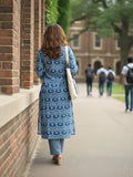 Blue Ethnic Printed Straight Kurta with Notched Neck and Three-Quarter Sleeves