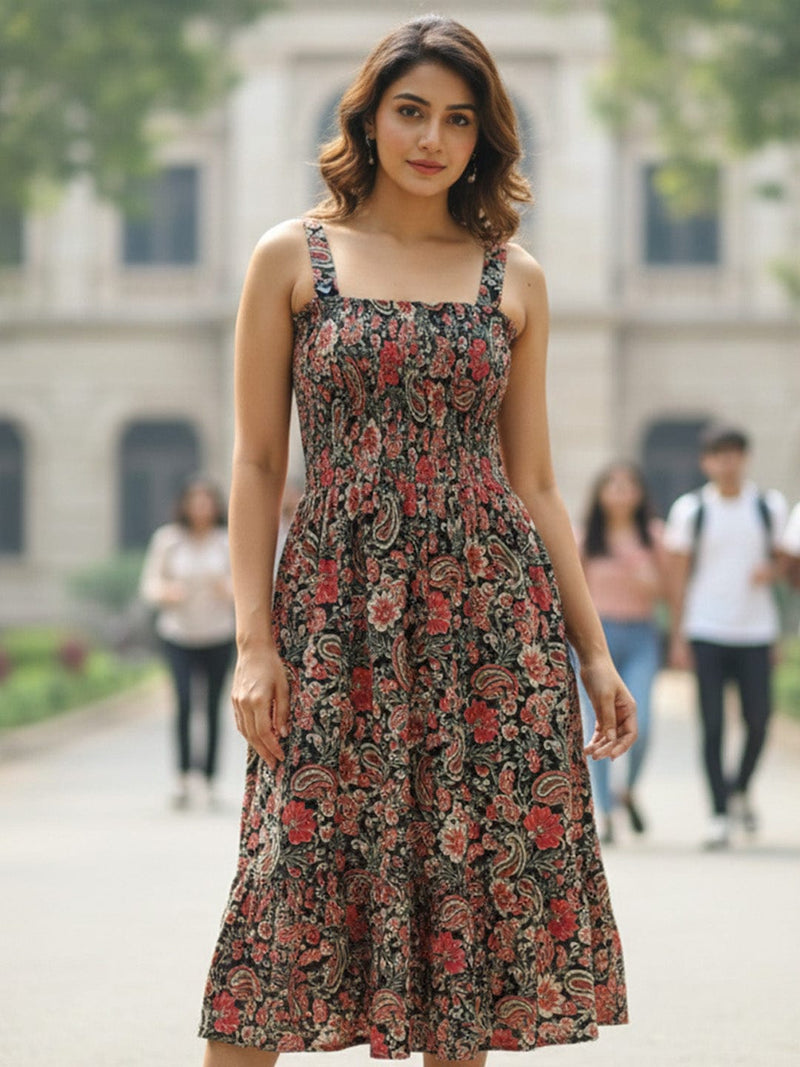 Black Floral Printed Sleeveless A-Line Dress with Halter Neck and Smocked Bodice