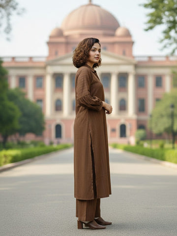 Brown Solid Kurta Set with shirt collar, Full Sleeves and Matching Trousers