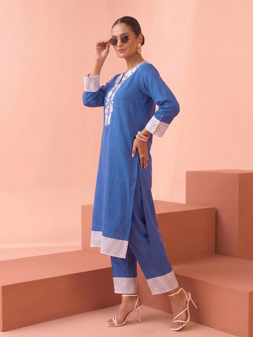 Indigo Blue Embroidered Kurta With Straight Trousers Set