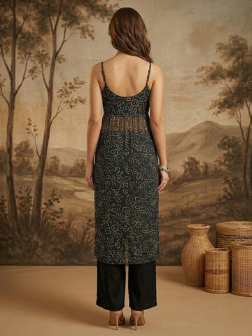 Midnight Bandhani High-Slit Kurta & Palazzo Set With Front High Slit Cut