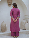 Women Geometric Embroidered Wine Kurta Set With Shirt Collar