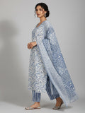 Varanga Women Ethnic Floral Printed V Neck Straight Kurta with Trouser & Dupatta