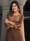 Women's Brown Yoke Embroidered Straight Kurta