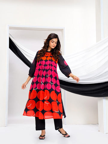 Abstract Print Black Kurti with Contrast Geometric Pattern