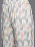 KSUT Women Ivory Grey Ikat Printed V Neck A Line Kurta With Flared Sleeves With Bottom