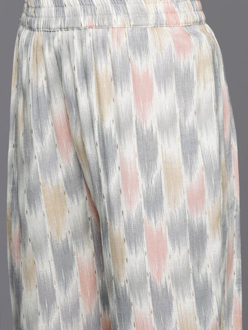 KSUT Women Ivory Grey Ikat Printed V Neck A Line Kurta With Flared Sleeves With Bottom