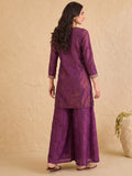 Wine Embroidered Kurta Set Paired With A Shimmering Organza Dupatta.