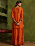 Rust Yoke Embroidered Kurta With Flared Sharara And Dupatta.