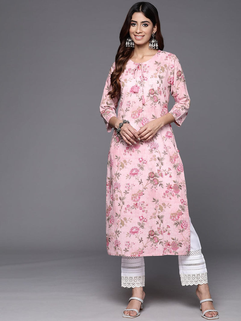 Varanga Women Pink Floral Printed With V Neck And Three Quater Sleeve Straight Kurta Rs Vkur1865