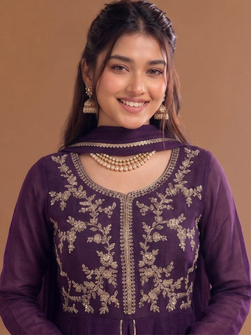 Varanga Purple Embroidered Palazzos With Dupatta | Poly Georgette | Festive