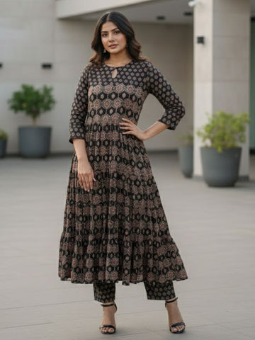 Midnight Blossom Tiered Flared Suit Set