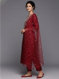 Varanga Women Red Embroidered Kurta With Tonal Trouser And Printed Dupattta