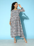 Varanga Women Grey Abstract Printed Empire Style Pleates With Front Slit Kurta, Paired With Tonal Printed Bottom.