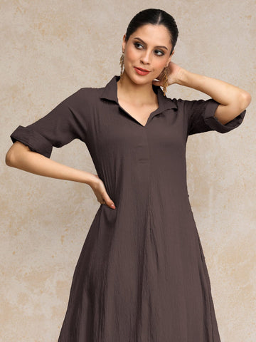 Varanga Women Beige Shirt Collar A Line Dress