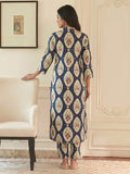 Navy Blue A-Line Kurta Set Featuring A Split Mandarin Collar