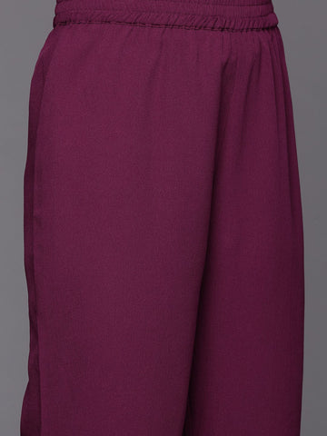 KSUT Women Off White Ikat Printed Shirt Collar Straight Kurta Paired With Violet Solid Bottom.