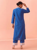 Indigo Blue Embroidered V-Neck Kurta With Polka Dot Detailed Trousers Set