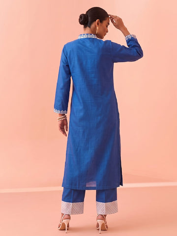 Indigo Blue Embroidered V-Neck Kurta With Polka Dot Detailed Trousers Set