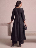 Black Embroidered Flared Kurta With Floral Yoke Detailing.