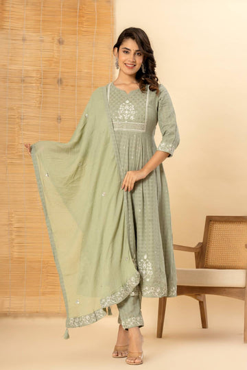 Varanga Women Olive Green  Mirror And Thread Embroidered Anarkali Kurta Paired Wirh Tonal Embroidered Bottom And Tonal Dupatta