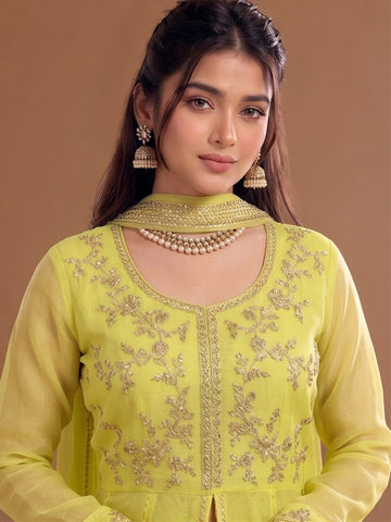 Varanga Lime Green Embroidered Palazzos With Dupatta | Poly Georgette | Festive