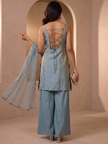 Powder Blue Mirror Work Halter-Neck Sharara Set