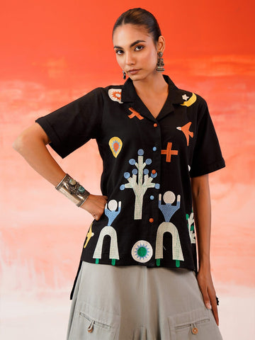 Abstract Handprinted Geometric Icon Print Short-Sleeve Button-Up Shirt