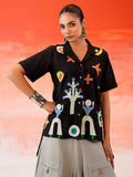 Abstract Handprinted Geometric Icon Print Short-Sleeve Button-Up Shirt