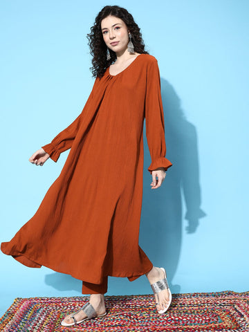 Varanga Women Rust Solid Empire Kurta with Trousers
