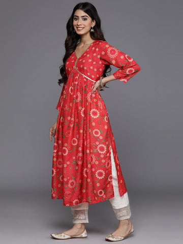 KSUT Women Red Floral Printed Sequin Embellished  A-Line Kurta With Three Quater Sleeves