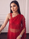 Ruby Red One-Shoulder Cape Co-Ord Set With Floral Lace Detailing