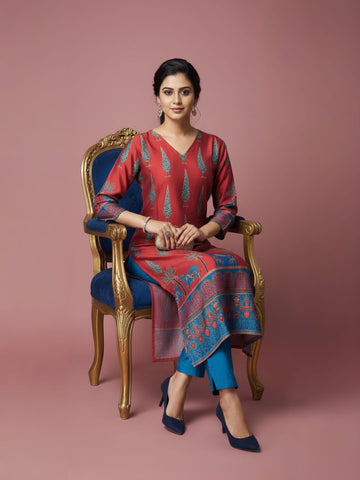 Midnight Rust V-Neck Kurta with Traditional Buta Print