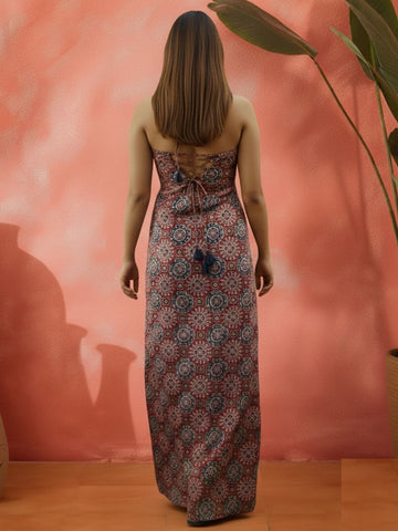 Elegant Ajrakh Full-Length Halter neck Dress