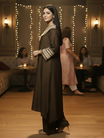 Zari Embroidered Lace Neck Flared Kaftan with Trouser