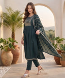 Varanga Women Grey Yoke Embroidered Straight Kurta Paired With Tonal Solid Bottom And Dupatta