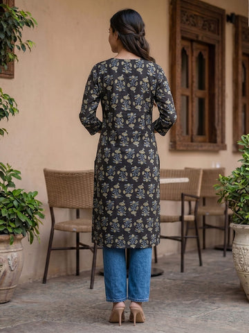 Women's Black Straight Printed Kurta