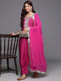 Varanga Women Magenta Round Neck Yoke Embroidered, Three Quarter Sleeves Straight Kurta Paired With Tonal Bottom And Dupatta With Four Side Fringes