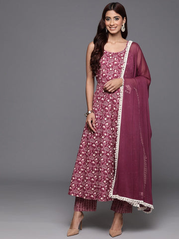 Varanga Women Burgundy Floral Printed Anarkali Kurta With Tonal Bottom And Dupatta